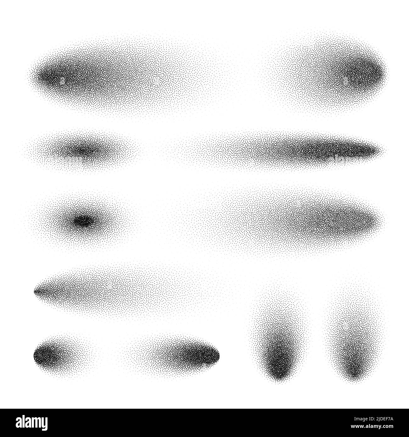 Gestrichelte Schatten, gepunktete Designelemente. Verblassender Verlauf. Stippeln, Dotwork-Zeichnen, Schattierung mit Punkten. Pixelzerfall, Halbtoneffekt Stock Vektor