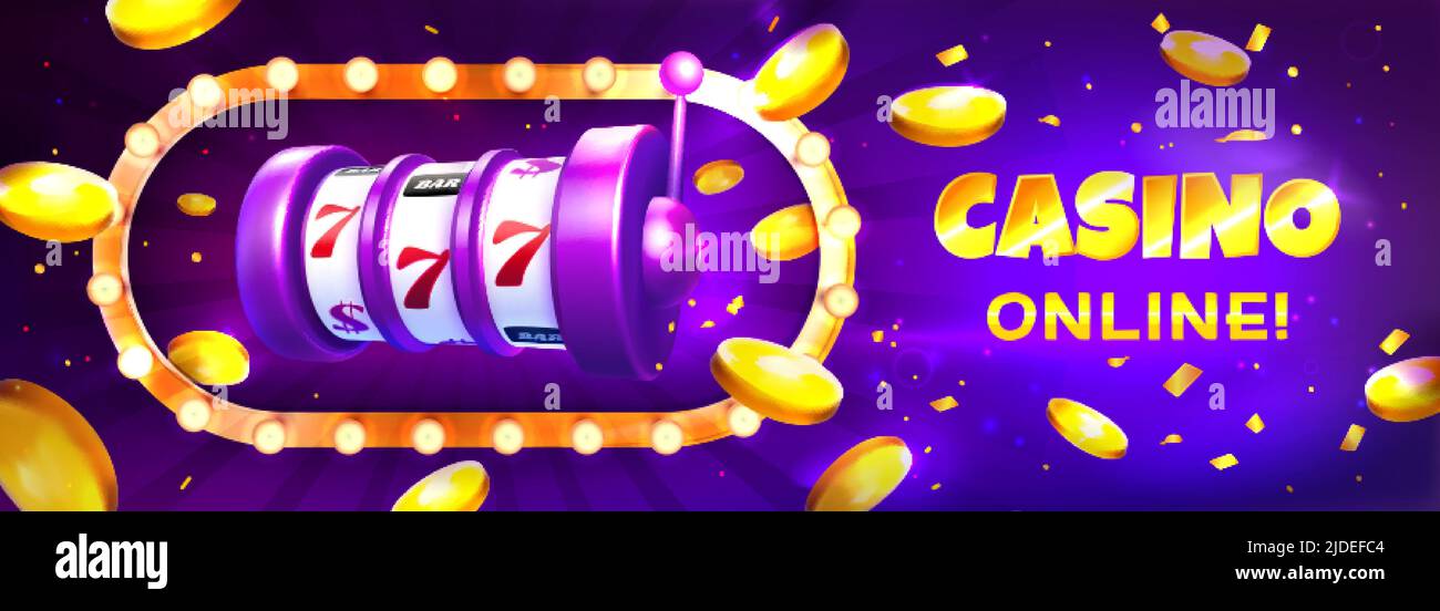 Casino Spielautomat mit Lichtrahmen und goldenen realistischen 3D Explosion Münzen auf lila Hintergrund. Gewinnkombinationen von drei glücklichen Siebener Jackpot. Glücksspiel Spiele Banner Vektor Illustration Stock Vektor