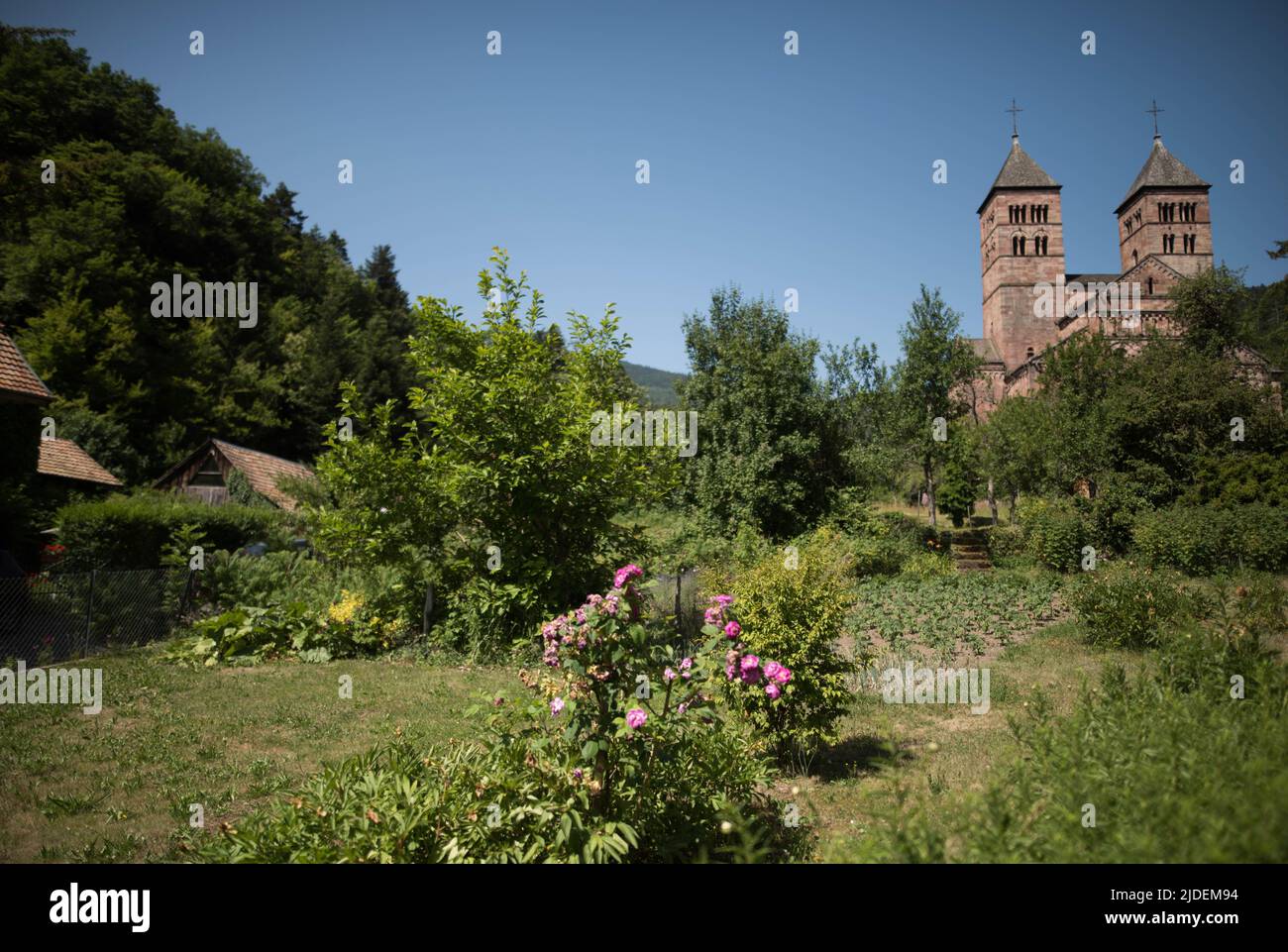 Romanische Kirche, Kloster Murbach, Elsass, Frankreich, gegründet 727 von Primin, eines der ersten großen Klöster im Elsass. Stockfoto