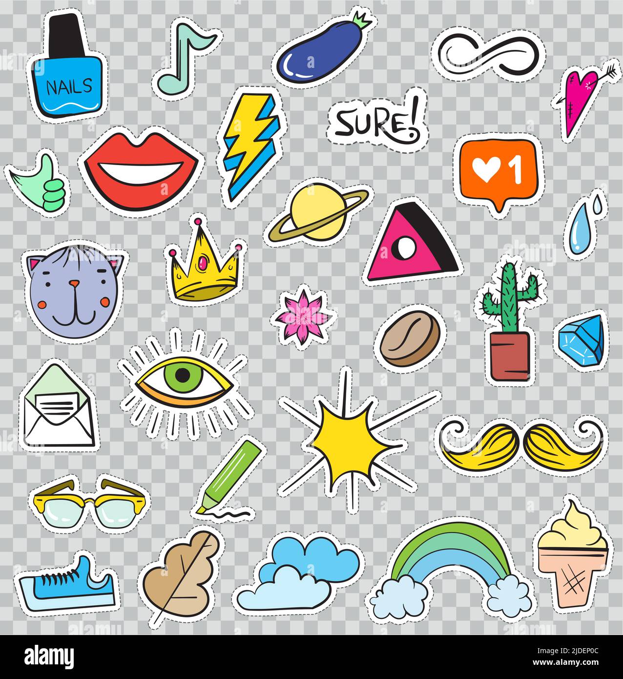 Set von Patches Elemente wie Blume, Herz, Krone, Wolke, Lippen, Post, Diamant, Augen. Handgezeichneter Vektor. Niedliche Modische Sticker-Kollektion. Doodle P Stock Vektor