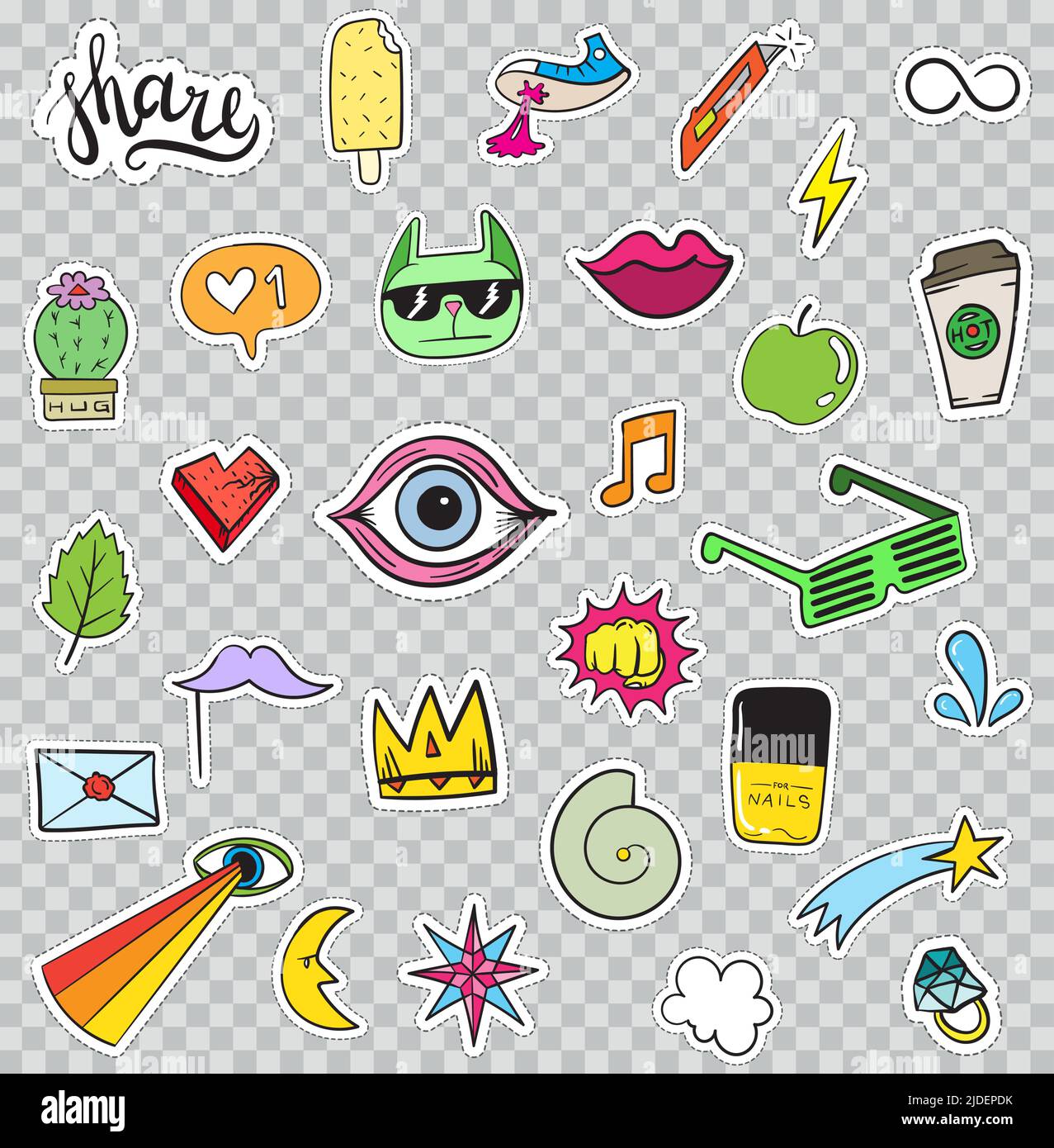 Set von Patches Elemente wie Blume, Herz, Krone, Wolke, Lippen, Post, Diamant, Augen. Handgezeichneter Vektor. Niedliche Modische Sticker-Kollektion. Doodle P Stock Vektor