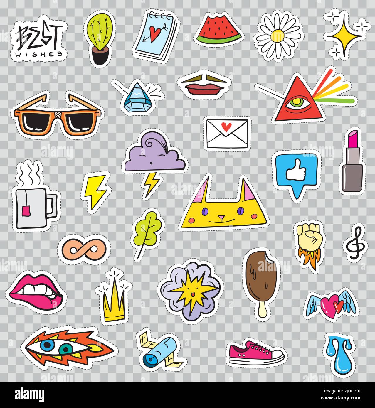 Set von Patches Elemente wie Blume, Herz, Krone, Wolke, Lippen, Post, Diamant, Augen. Handgezeichneter Vektor. Niedliche Modische Sticker-Kollektion. Doodle P Stock Vektor