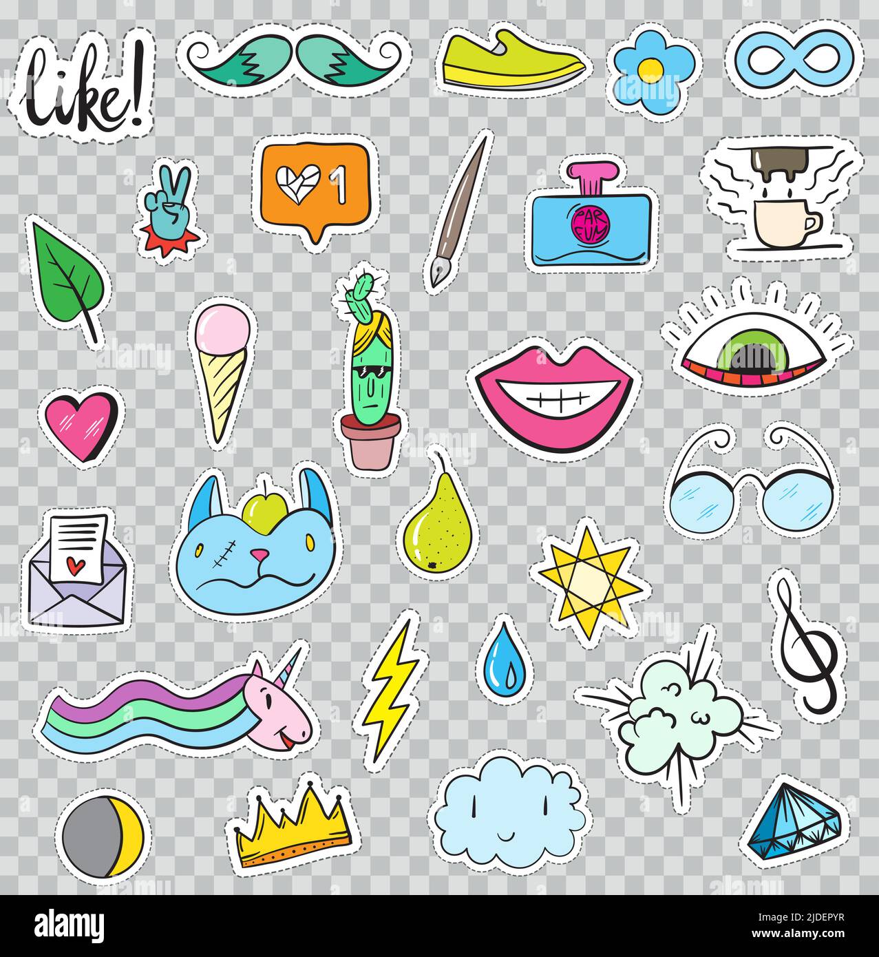 Set von Patches Elemente wie Blume, Herz, Krone, Wolke, Lippen, Post, Diamant, Augen. Handgezeichneter Vektor. Niedliche Modische Sticker-Kollektion. Doodle P Stock Vektor