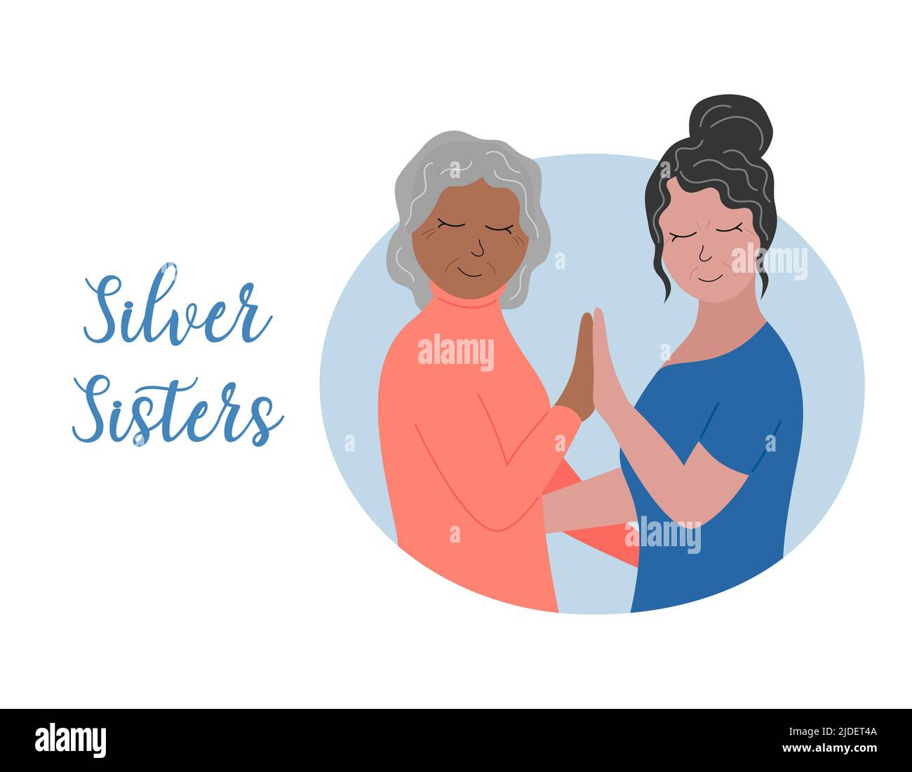 Ältere Frauen mit grauen Haaren zusammen. Silver Sisters Konzept. Weibliche Freundschaft. Ältere Frauen sind stolz auf Alter und Haarfarbe. Vektorgrafik flach Stock Vektor