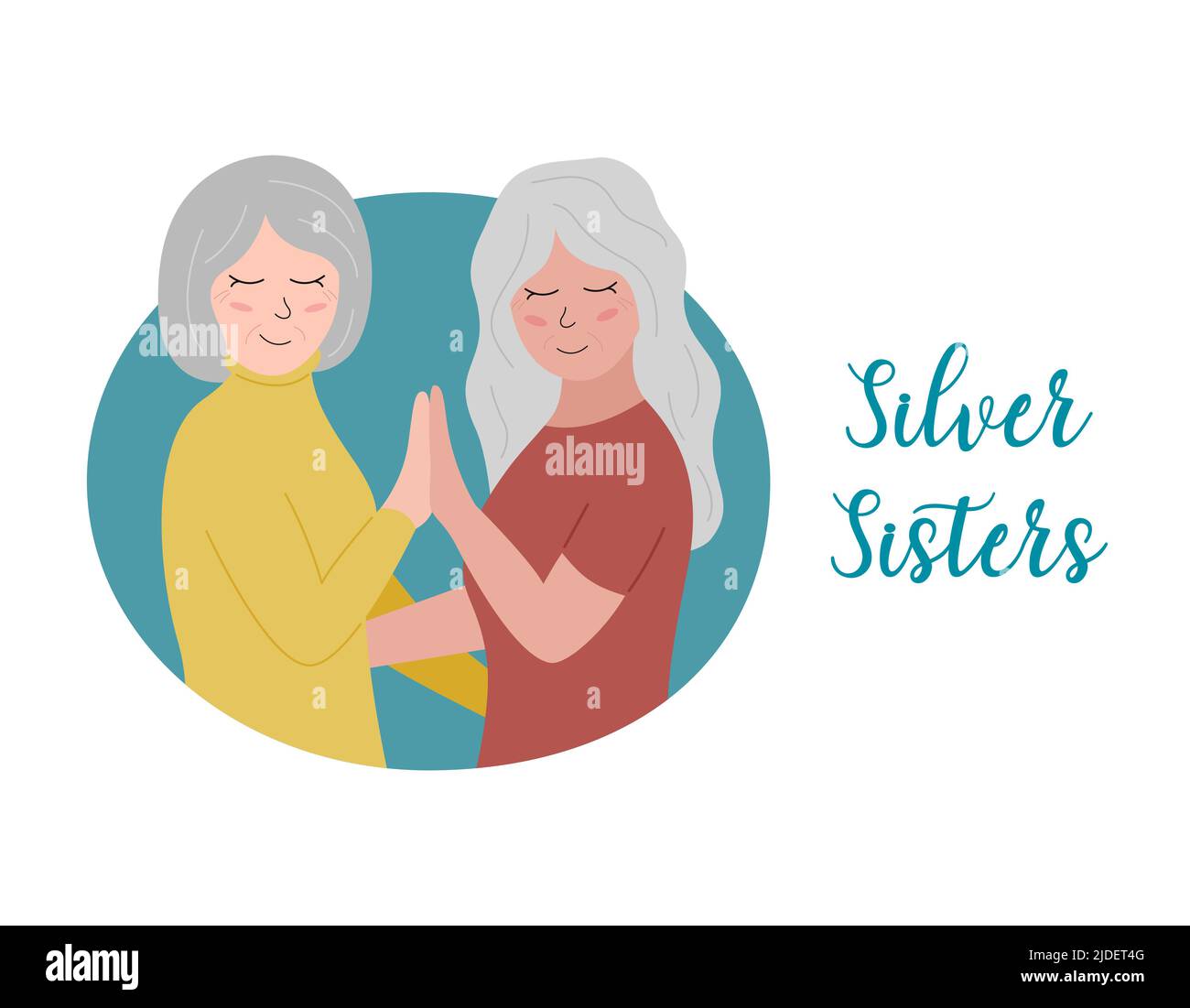 Silver Sisters Konzept. Ältere Frauen zusammen. Ältere Freundinnen mit grauen Haaren. Frauen sind stolz auf Alter und Haarfarbe. Flache Vektorgrafik. Stock Vektor