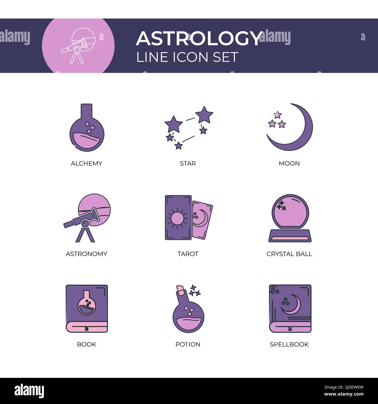 Astrologie Mehrere Farben Flache Linie Symbol-Set Stock Vektor