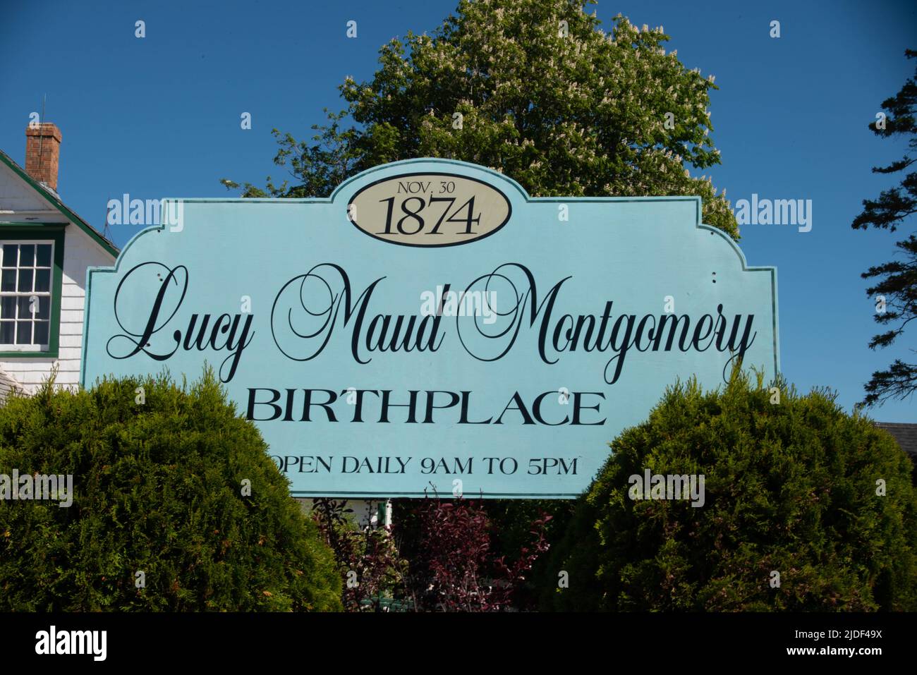 Zeichen für Lucy Maud Montgomery Geburtsort Stockfoto