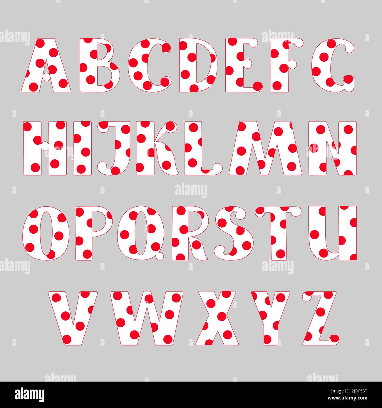 Capital weiß mit roten Polka-Punkt handgezeichnete Buchstaben des englischen Alphabets einfache Cartoon-Stil Vektor-Illustration, kalligraphische abc, nette lustige Handschrift, Doodle und Schriftzug dekoriert Stock Vektor