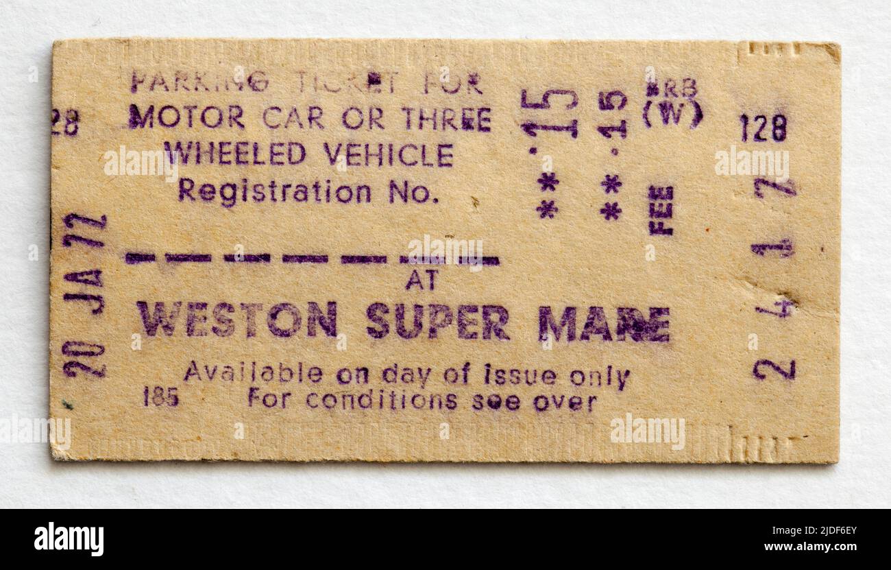 1970s British Rail Car Parking Ticket Weston Super Mare Railway Station Stockfoto