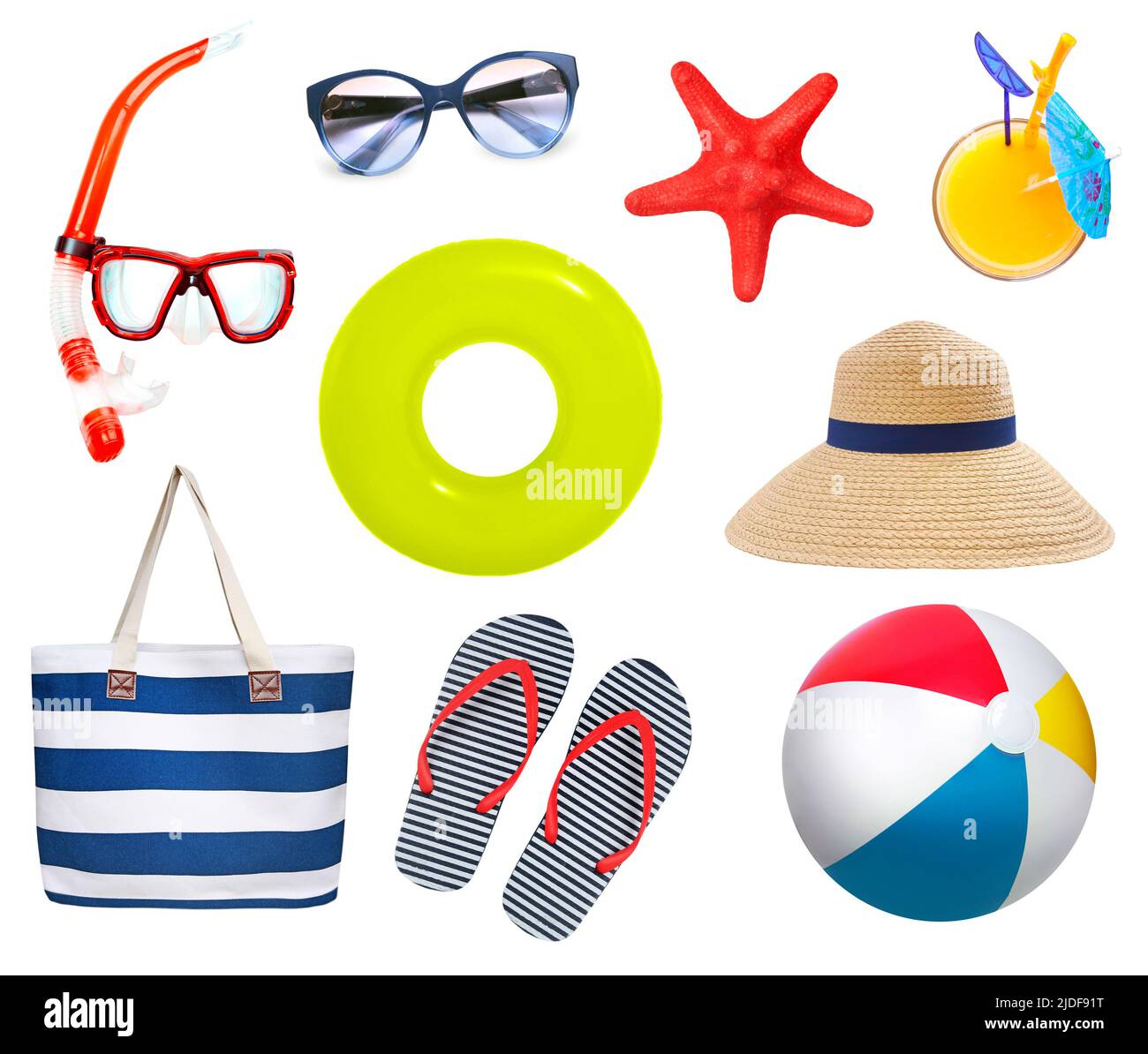 Sommer Strandartikel isoliert auf Weiß gesetzt. Tourist Strand Objekte.Bunte Schwimmen Dinge Sammlung. Stockfoto
