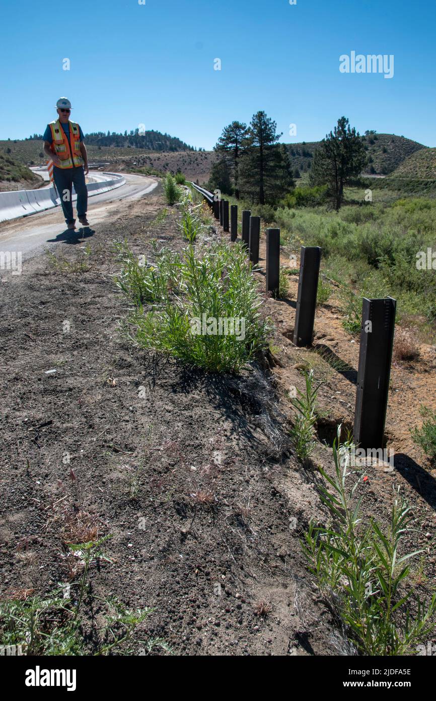 Dieses Straßenprojekt auf Sherwin Grade in Mono County, CA, USA, wird die Schultern des U.S. Highway 395 erweitern. Stockfoto