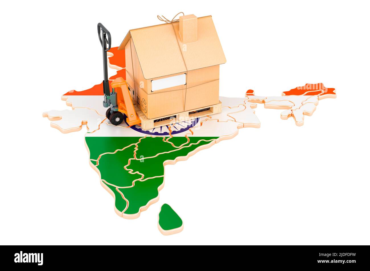 Wohnumzugsdienst in Indien, Konzept. Hydraulischer Handhubwagen mit Papphaus-Paket auf indischer Karte, 3D Rendering isoliert auf weißem BA Stockfoto