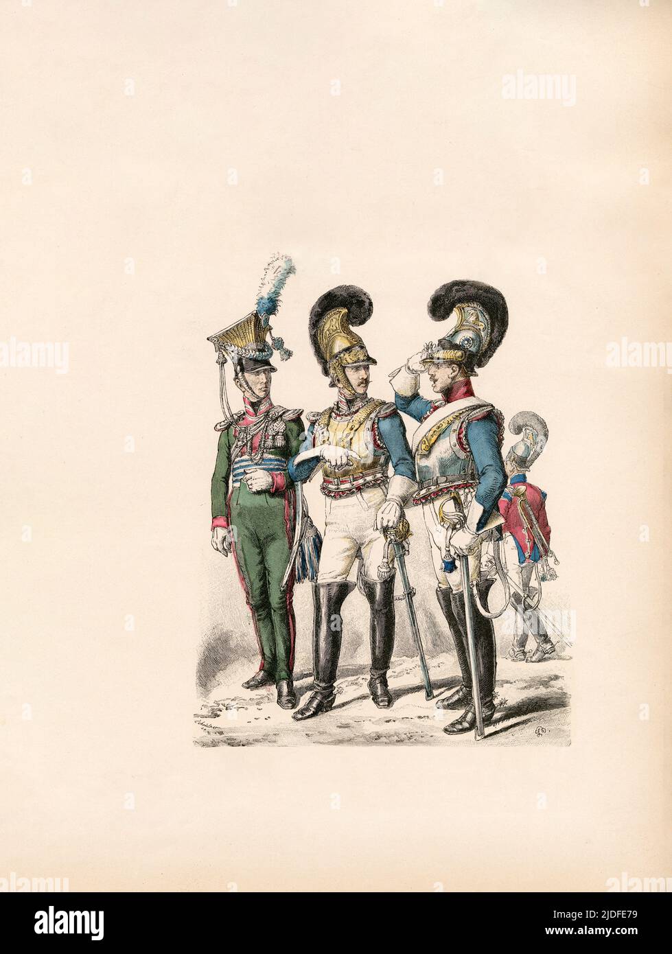Bayerische Armee, Uhlan Offizier Garde du Corps, Offizier im Privaten 1814-1823, Cuirassier Garde du Corps, Trompeter des Corps in Gala, Illustration, die Geschichte der Kostüme, Braun & Schneider, München, Deutschland, 1861-1880 Stockfoto