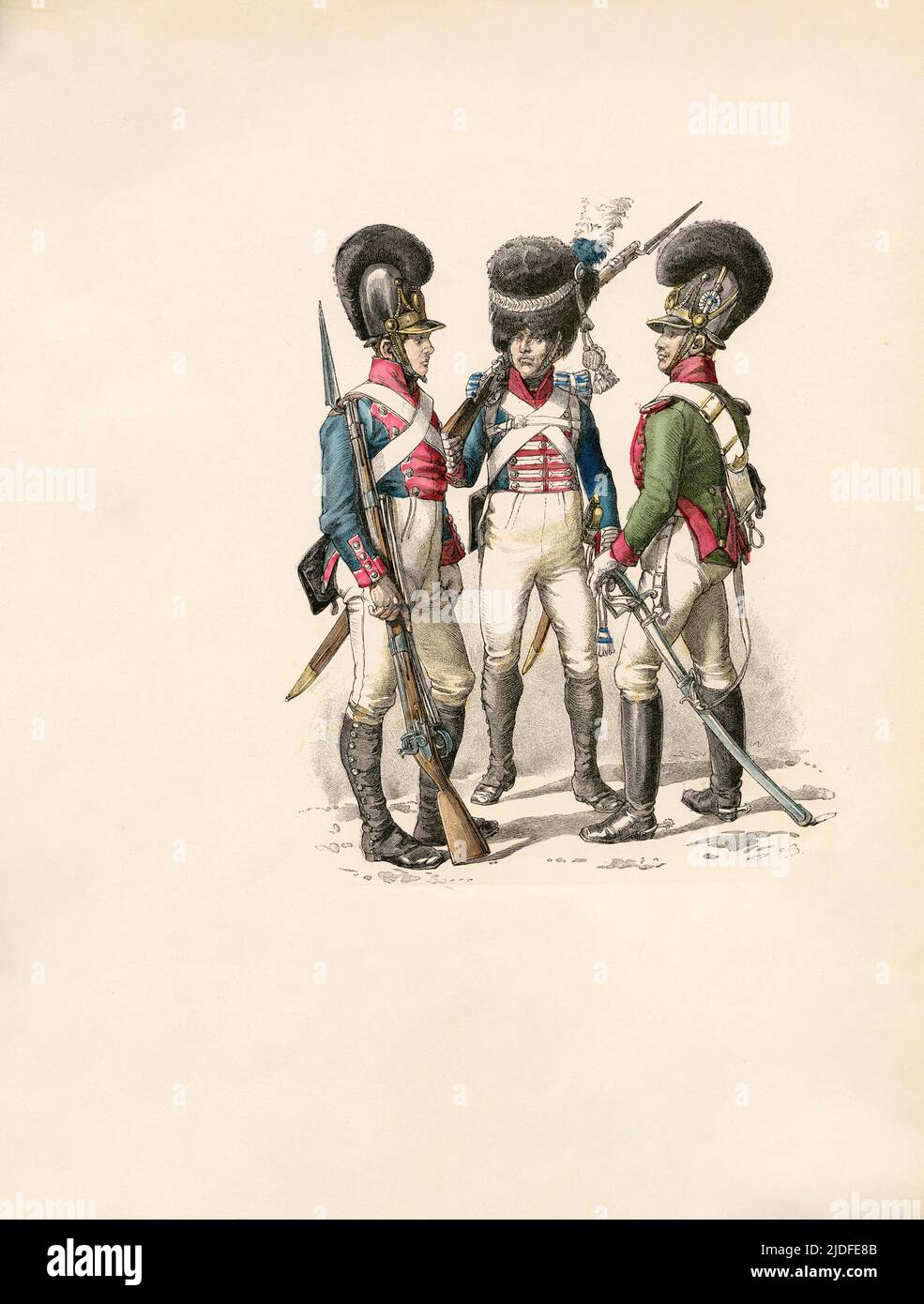 Bayerische Armee, Infantryman 1814-1825, Grenadier der Garde 1812-1815, leichter Kavallerist 1805-1812, Illustration, die Geschichte des Kostüms, Braun & Schneider, München, Deutschland, 1861-1880 Stockfoto