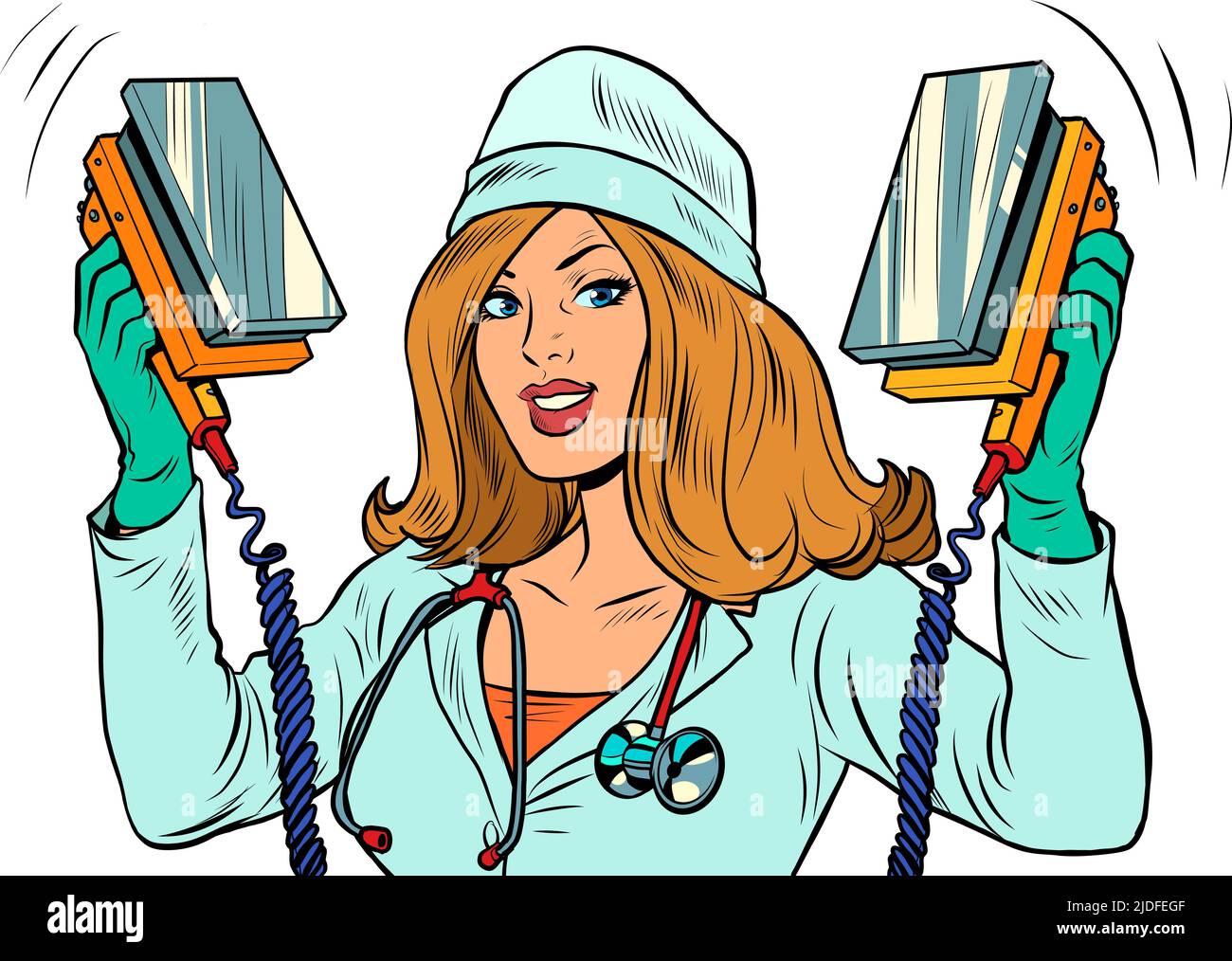 Defibrillator. Die Krankenschwester rezitiert mit einem Smartphone. Moderne Technologien, Online-Internet-Thema. Pop Art Retro Vektor Illustration 50s 60s Kitsch Stock Vektor
