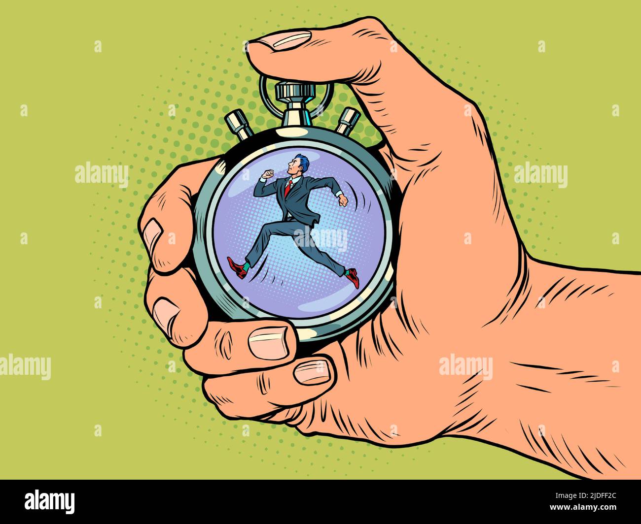 Geschäftsmann, der spät Sport Stoppuhr läuft, Geschwindigkeitsmesser. Zeitschaltungspfeile sind ein genaues Instrument. Führen Sie Pop Art Retro Vektor Illustration Comic-Cari Stock Vektor