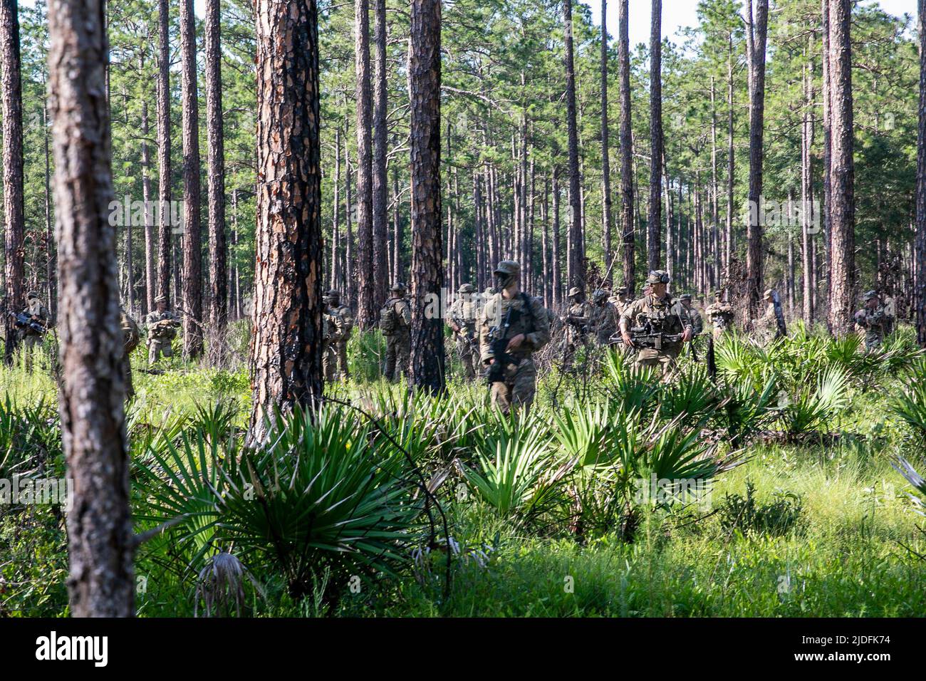 US Army Georgia Army National Guard Soldaten mit der in Griffin ansässigen Alpha Company, 2. Bataillon, 121 Infantry Regiment, 48. Infantry Brigade Combat Team, führen während der 48. IBCT's Exportable Combat Training Capability Übung in Fort Stewart, Georgia, am 19. Juni 2022 einen demontierten Hinterhalt auf einem leichtgepanzerten Konvoi. XCTC ist das Rekordprogramm der US Army National Guard, das es Brigadekampfteams ermöglicht, die geschulte Bereitschaft des Zuges zu erreichen, die für den Einsatz, Kampf und Sieg von Schlachten auf der ganzen Welt erforderlich ist. Die XCTC-Übung wird etwa 4.400 Brigademitarbeiter von bis umfassen Stockfoto