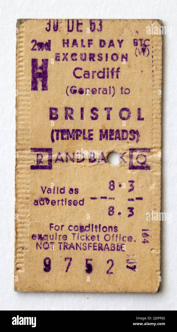 1960s Britisches Zugticket für Cardiff nach Bristol Temple Meads Stockfoto