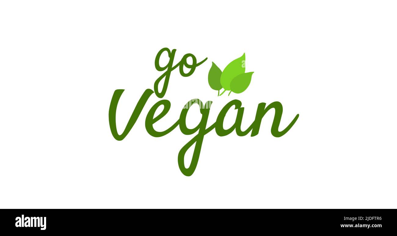 Bild von GO vegan Text in grün mit Laub-Logo, auf weißem Hintergrund Stockfoto