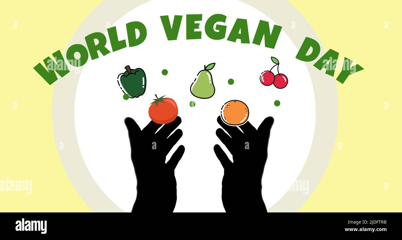 Bild der Welt vegan Tag Text in grün, über Illustration von Gemüse und frisch und Hände Stockfoto