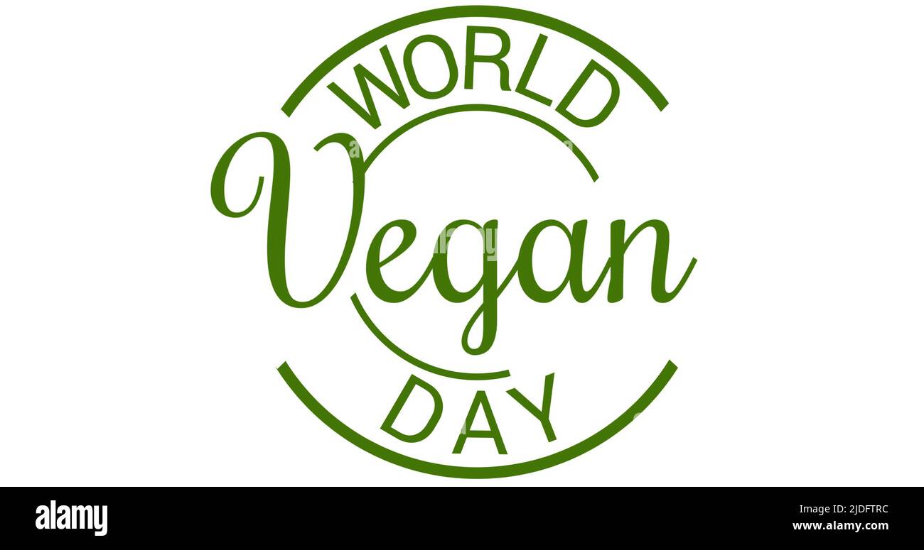 Bild des veganen Tages-Welttextes im grünen Kreis, auf weißem Hintergrund Stockfoto
