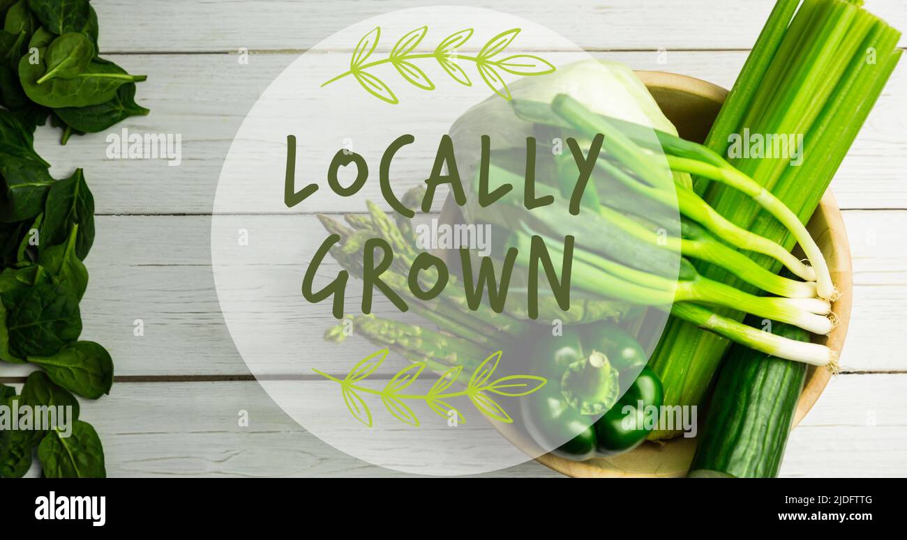 Bild von lokal angebautem Text in Grün, über Schale mit frischem Gemüse auf weißen Brettern Stockfoto