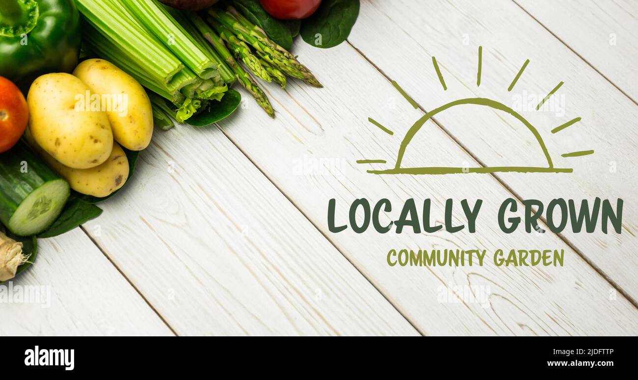 Bild von lokal angebautem Gemeinschaftsgarten Text in grün, über frischem Gemüse auf weißen Brettern Stockfoto