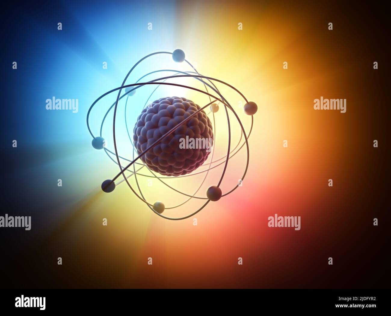 3D-Darstellung. Die Kernenergie, nukleare Reaktion oder nukleare Energie, Wärme erzeugen in einem Konzept Bild eines nuklearen atomaren Modell. Stockfoto