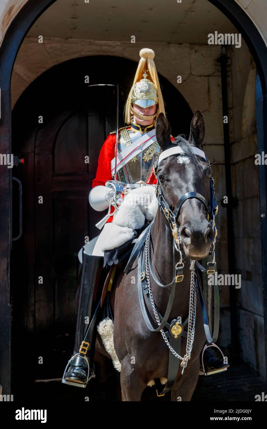 Ein Rettungsschwimmer der Kavallerie auf einem Pferd vor dem pferderücken, London, England, Vereinigtes Königreich, am Donnerstag, 19. Mai 2022. Stockfoto