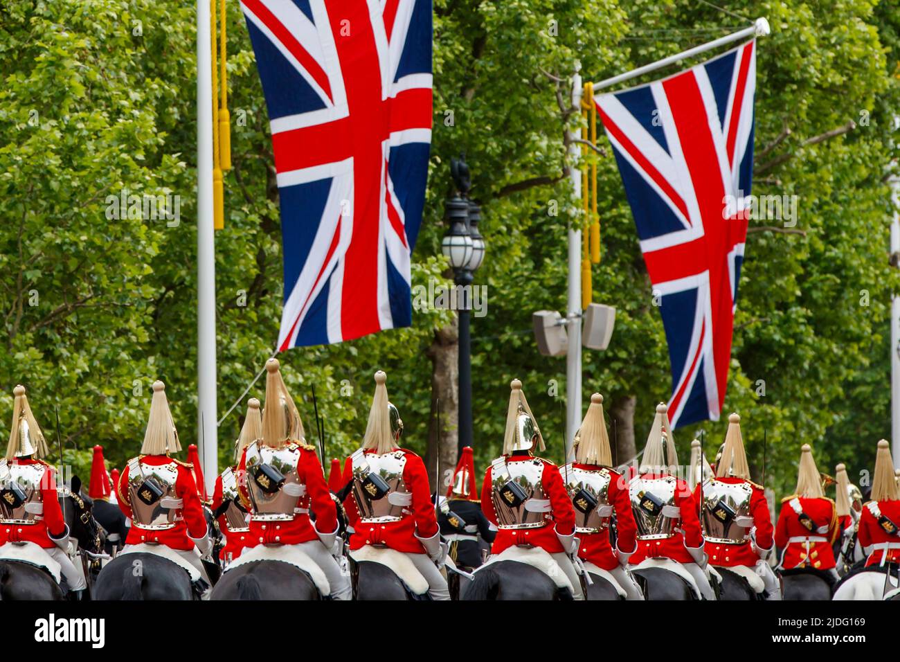 Household Cavalry at the Trooping the Color Probesals, The Mall, London England, Großbritannien Samstag, 21. Mai, 2022. Stockfoto