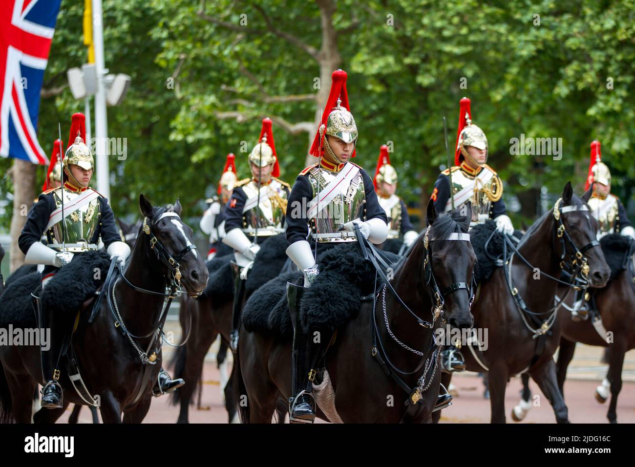 Household Cavalry at the Trooping the Color Probesals, The Mall, London England, Großbritannien Samstag, 21. Mai, 2022. Stockfoto