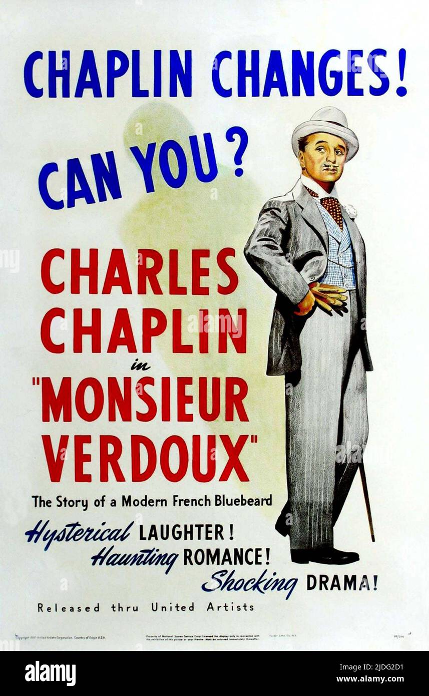 Ein Plakat für den Charlie Chaplin Film Monsieur Verdoux. Dies war eine düstere Komödie über einen Serienmörder und war für Chaplin eine große Richtungsänderung. Stockfoto