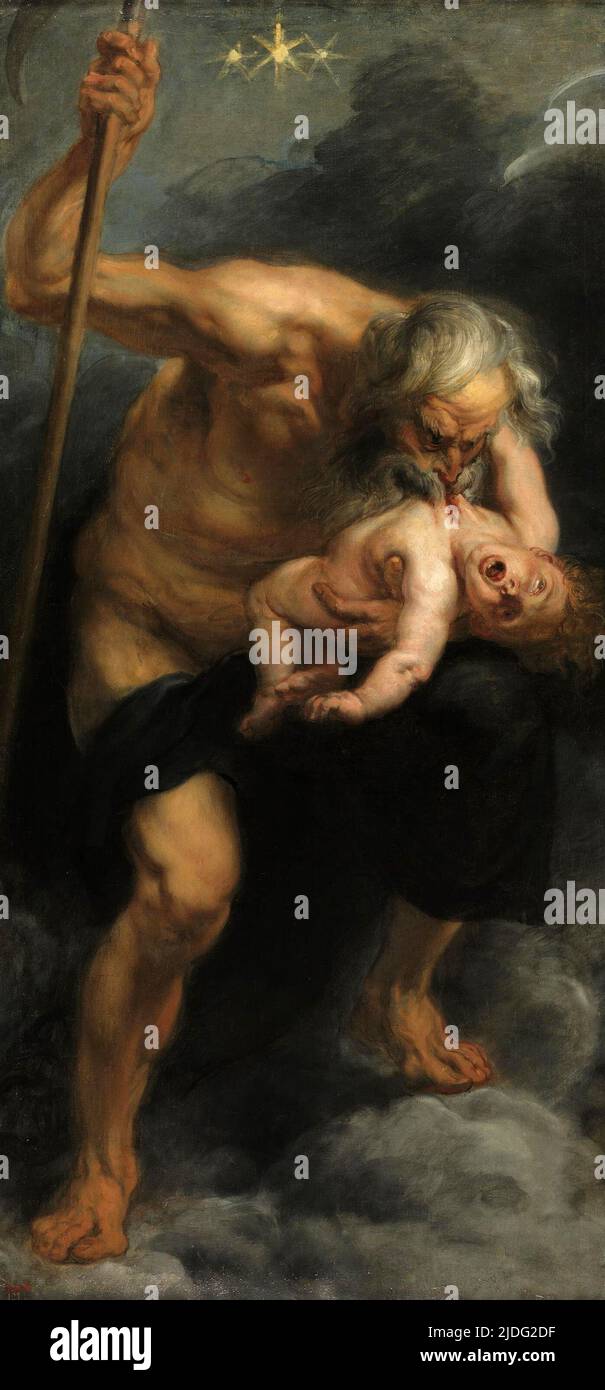 Gemälde von Peter Paul Rubens von Cronus, der eines seiner Kinder verschlingt. In der griechischen Mythologie wurde prophezeit, dass Cronos von seinen eigenen Kindern besiegt werden würde. Um dies zu verhindern, aß er Eakdh seiner Kinder, als sie geboren wurden. Doch seine Frau Rhea kleidete sich einen Stein in Babykleidung und täuschte ihn zu denken, es sei ihr sechstes Kind. Das Kind war Zeus und er wurde heimlich erzogen, bis er alt genug war, um die Titanen zu bekämpfen und zu besiegen. Stockfoto