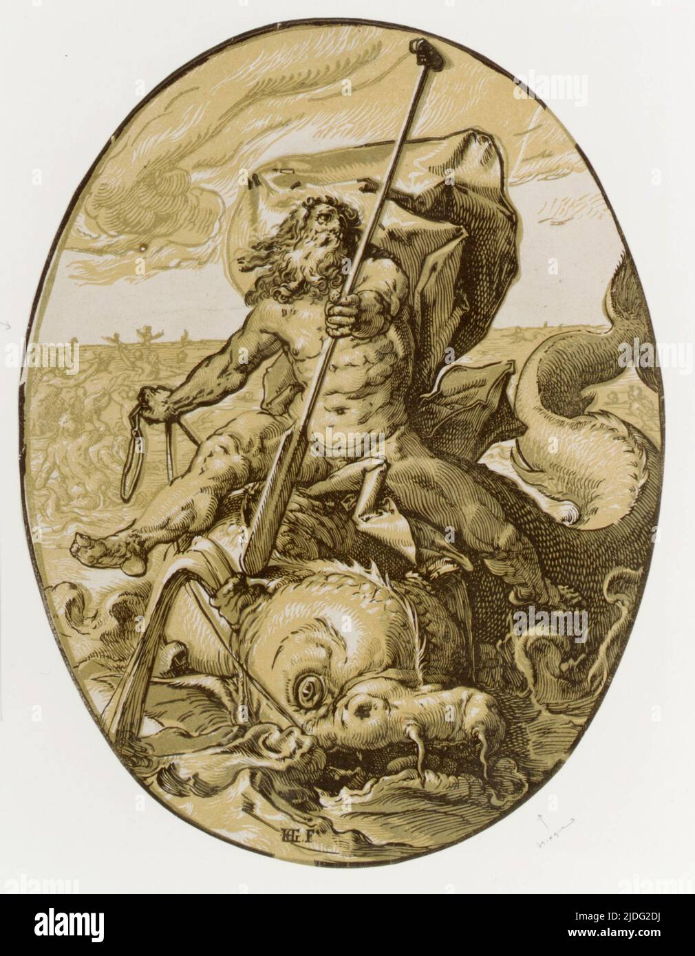 Der Titan-gott Oceanus von Hendrik Goltzius (1558–1617). In der griechischen Mythologie waren die Titanen das erste Götterpantheon, bevor sie von den Olympiern, angeführt von Cronos's Sohn Zeus, gestürzt wurden. Stockfoto
