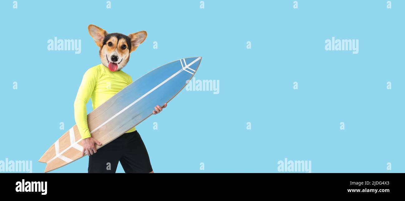 Netter Hund mit menschlichem Körper und Surfbrett auf blauem Hintergrund mit Platz für Text Stockfoto