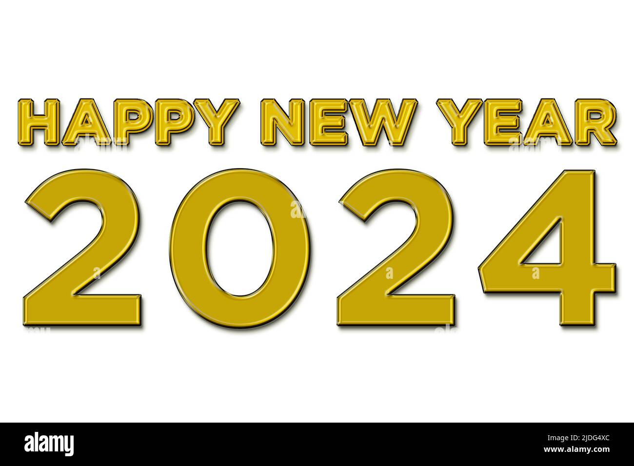 Frohes neues Jahr 2024 Illustration in gelber Farbe Text auf weißem Hintergrund Stockfoto