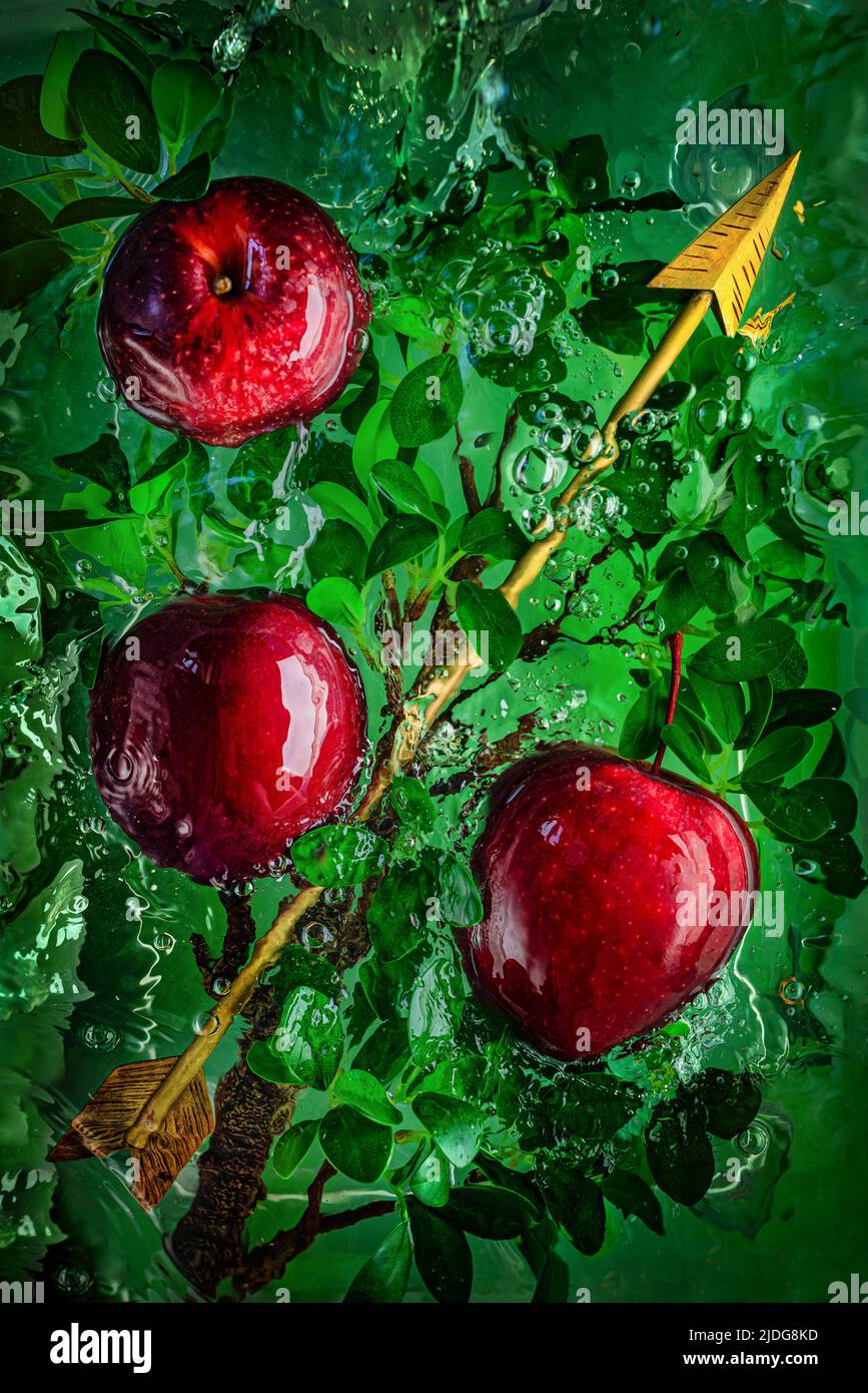 Goldener Pfeil mit roten Äpfeln im Wasser, russisches Märchenkonzept Stockfoto