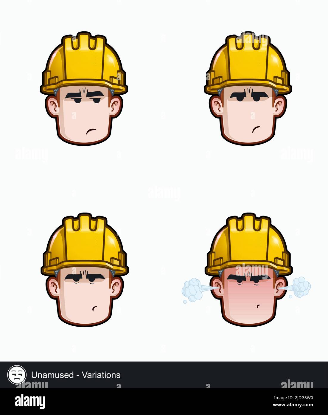 Icon-Set eines Bauarbeiters mit unamüsanten Variationen des emotionalen Ausdrucks. Alle Elemente übersichtlich auf gut beschriebenen Ebenen und Gruppen. Stock Vektor