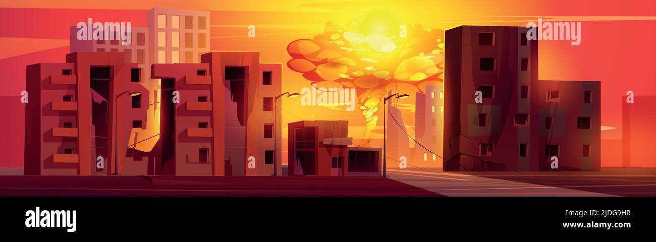 Atombombenexplosion in zerstörter Stadt mit zerbrochenen Gebäuden. Vektor-Cartoon-Illustration von Atomkrieg mit abgerissenen Häusern und Pilzwolke der Atombomben mit Feuer und Rauch Stock Vektor