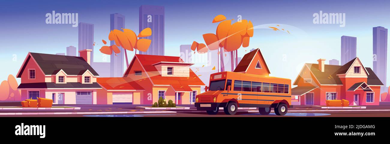Der Schulbus auf der Straße im Vorort der Stadt. Vektor-Cartoon-Illustration der Herbstlandschaft der Straße mit Vorstadthäusern, Orangenbäumen und gelben Bus für Kinder Stock Vektor