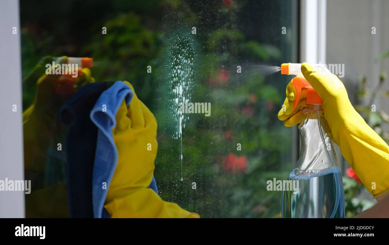 Frau, die Waschmittel und Lappen zum Reinigen des Fensters verwendet Stockfoto