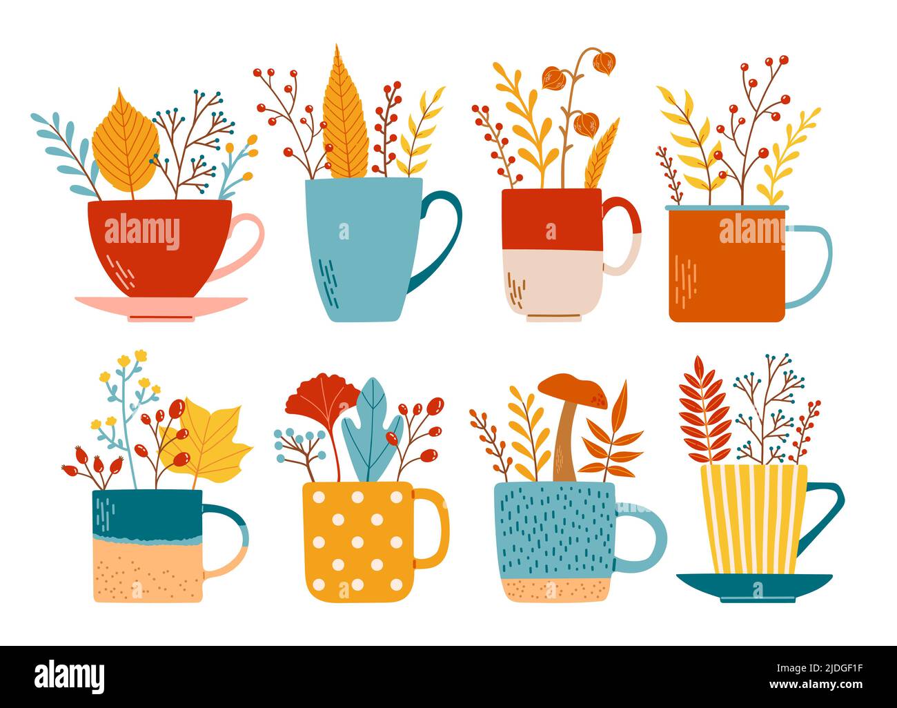 Herbstbecher mit Ästen Blätter flach Design Vektor Stock Vektor