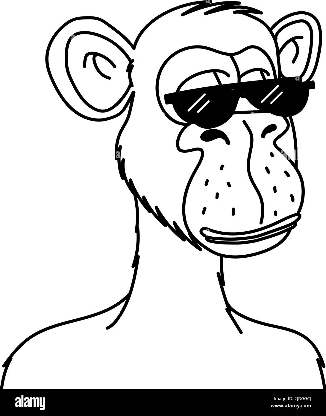 Gelangweilter Affe in Sonnenbrille NFT isoliert auf weißem Hintergrund. Nicht fungible Token Blockchain Monkey Vektor Illustration im Skizzenstil Stock Vektor