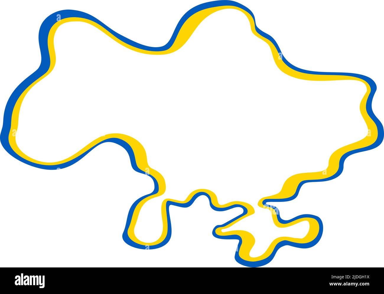 Linienkunst-Vektorkarte der Ukraine mit blauem und gelbem Pinselstrich. Rettet Die Ukraine. Designelement für Aufkleber, Banner, Poster, Karte. Isoliert Stock Vektor