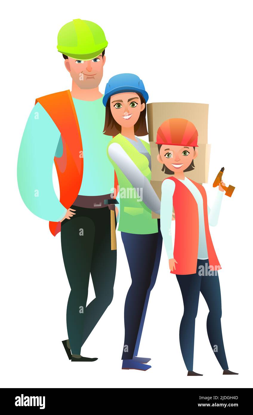 Mann und Frau und Kind Tochter Baumeister in Weste und Schutzhelm. Fröhliche Person. Stehende Pose. Flaches Design im Comic-Stil. Einzeln Stock Vektor