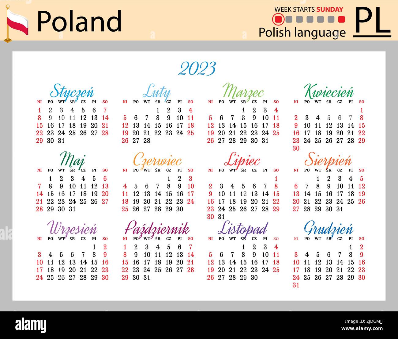 Polnischer horizontaler Taschenkalender für 2023 (zweitausend dreiundzwanzig). Die Woche beginnt am Sonntag. Neues Jahr. Farbe einfaches Design. Vektor Stock Vektor
