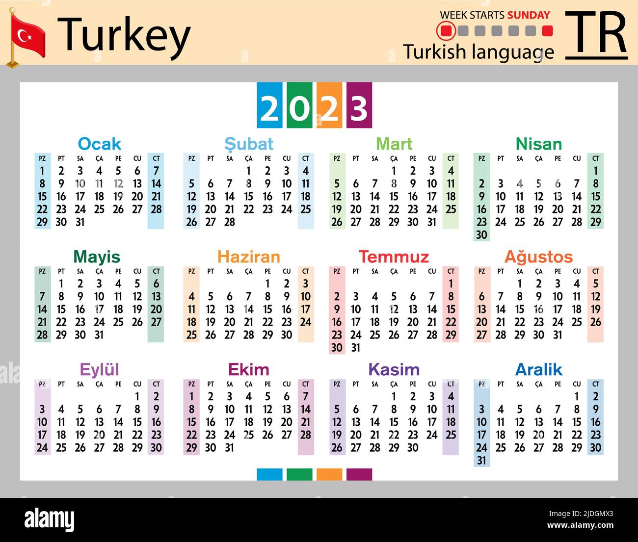 Türkischer horizontaler Taschenkalender für 2023 (zweitausend dreiundzwanzig). Die Woche beginnt am Sonntag. Neues Jahr. Farbe einfaches Design. Vektor Stock Vektor