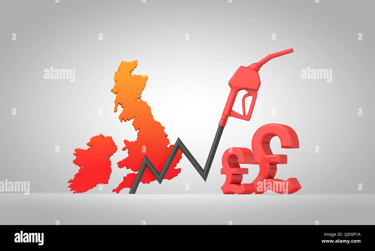 Kraftstoffkrise im Vereinigten Königreich. Pfeil für die Benzinpumpe mit einer Karte des Vereinigten Königreichs. 3D Rendering Stockfoto