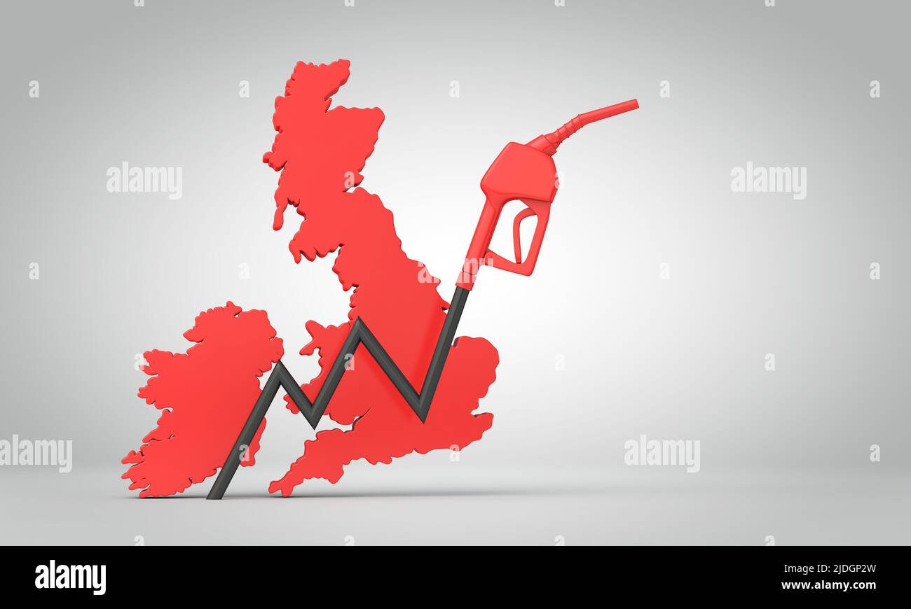 Kraftstoffkrise im Vereinigten Königreich. Pfeil für die Benzinpumpe mit einer Karte des Vereinigten Königreichs. 3D Rendering Stockfoto