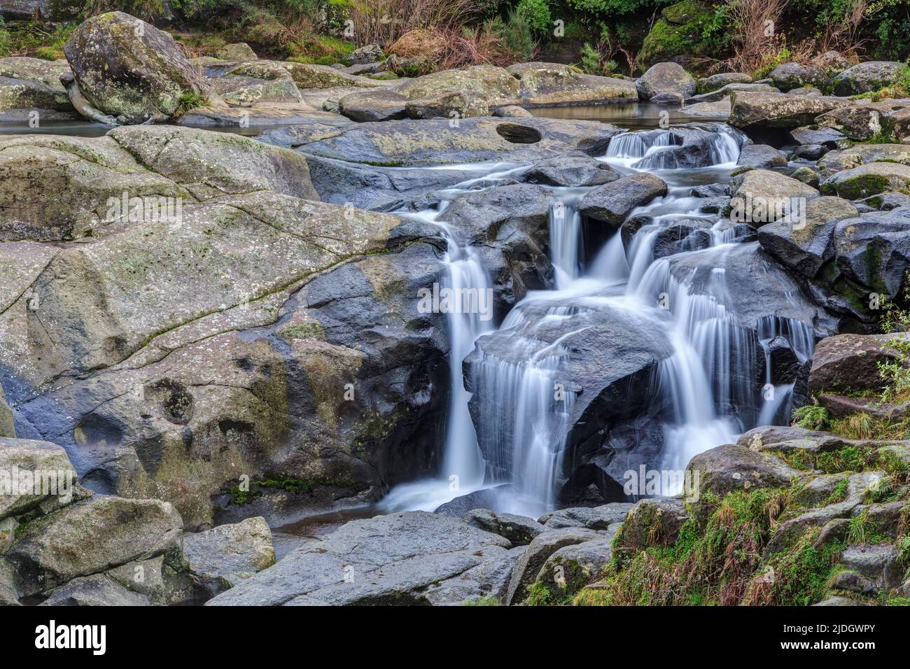 Ein Wasserfall, der anmutig durch eine Landschaft aus Felsvorsprüngen stürzt. McLaren Falls Park, Neuseeland Stockfoto